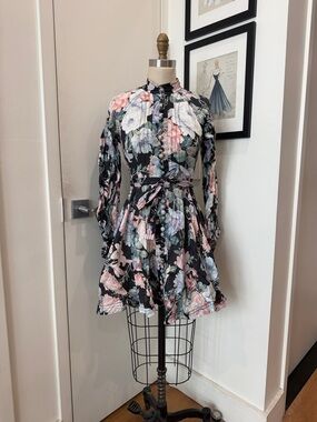Zimmermann Black Floral Long-Sleeve Mini Dress